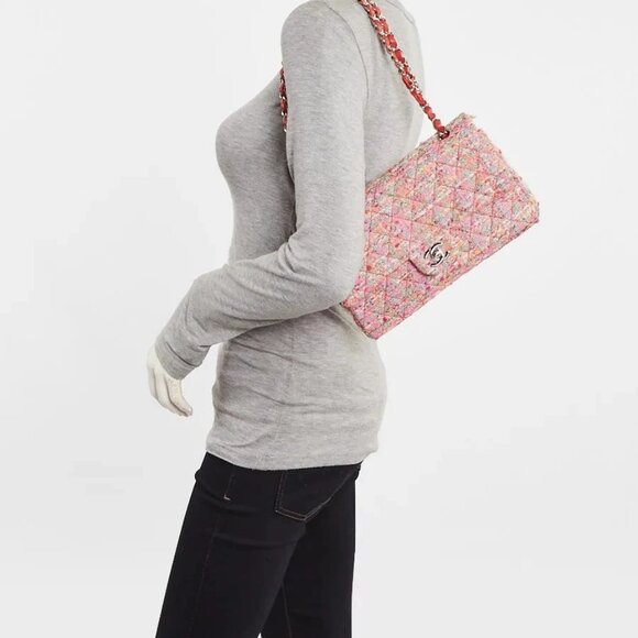 Chanel Pink Multicolor Quilted Tweed Classic Medium Double Flap Bag - Picture 7 of 12